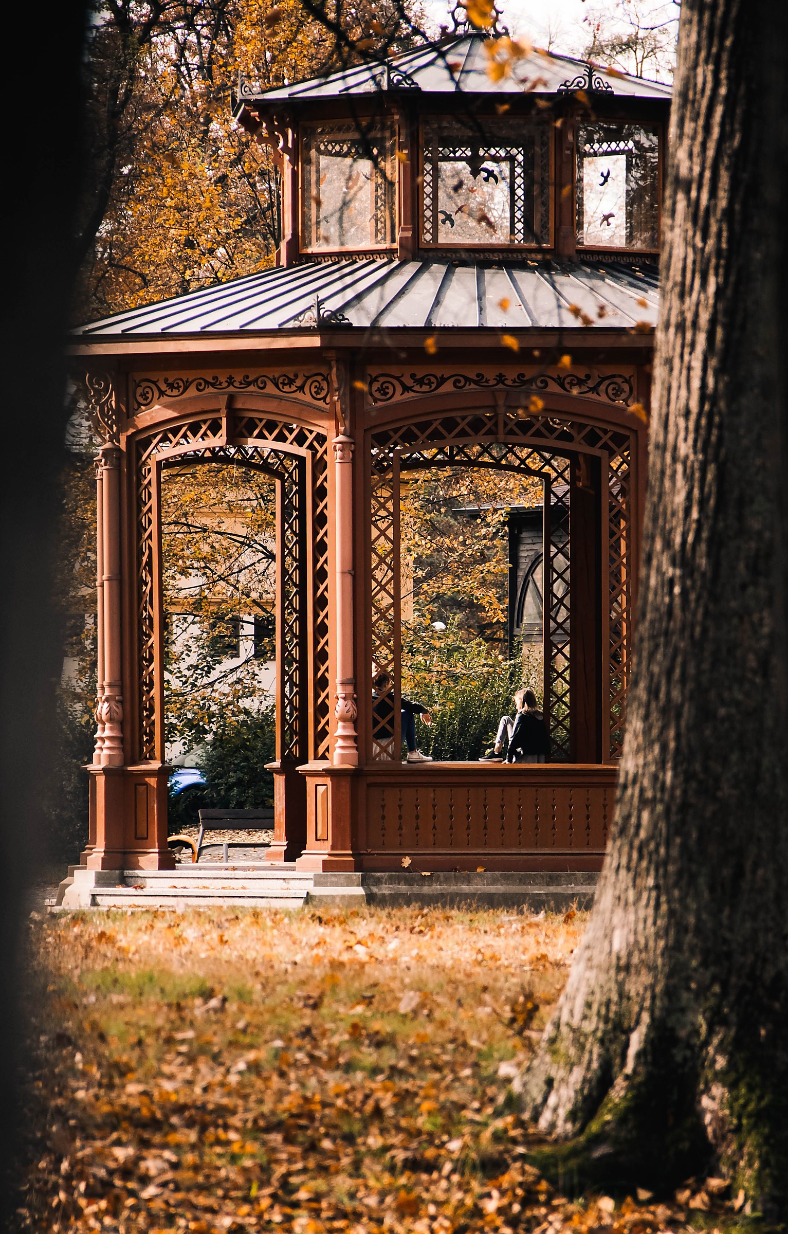 Wood gazebo in autumn park