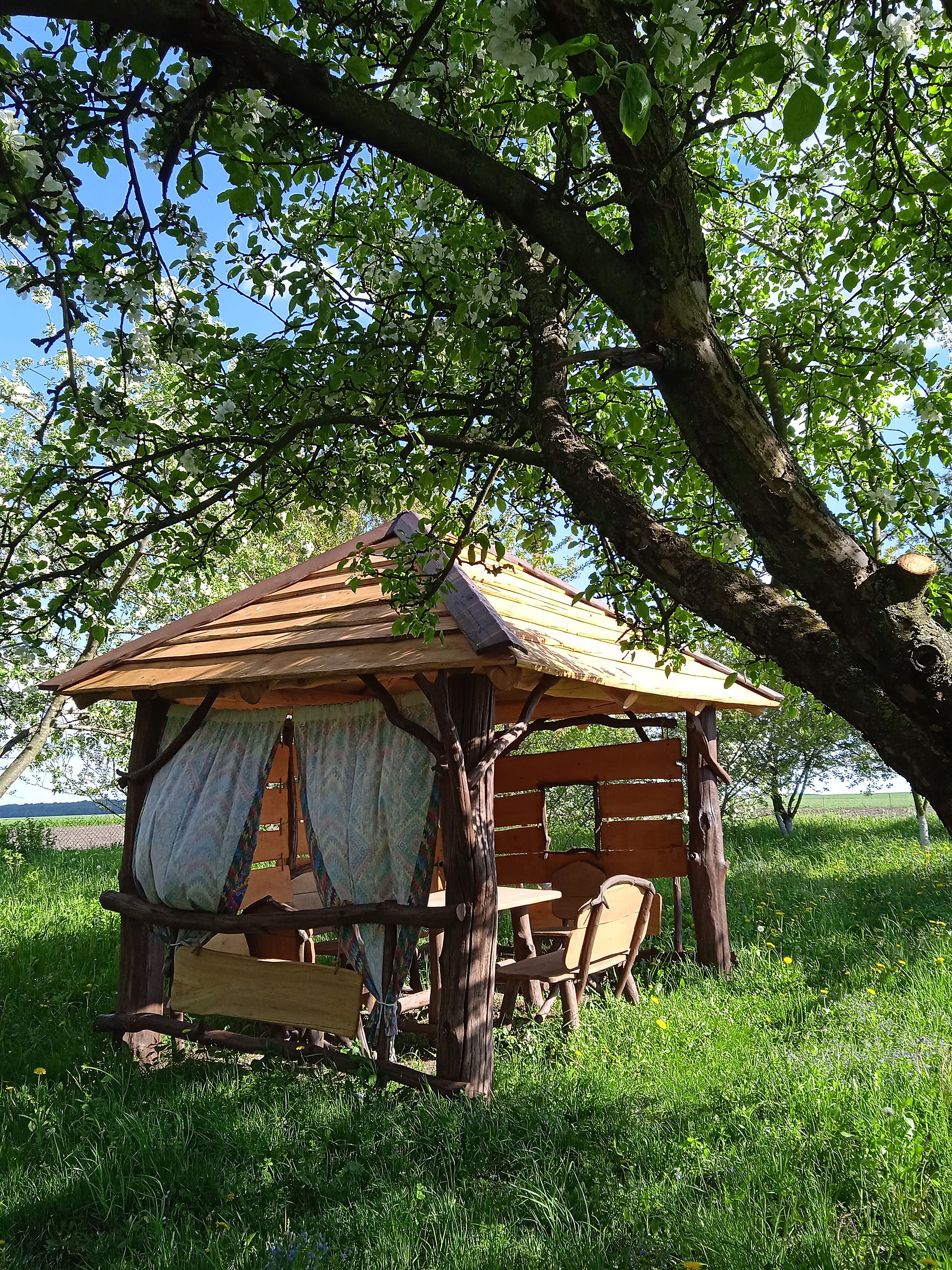 Rustic wooden gazebo in a green garden
