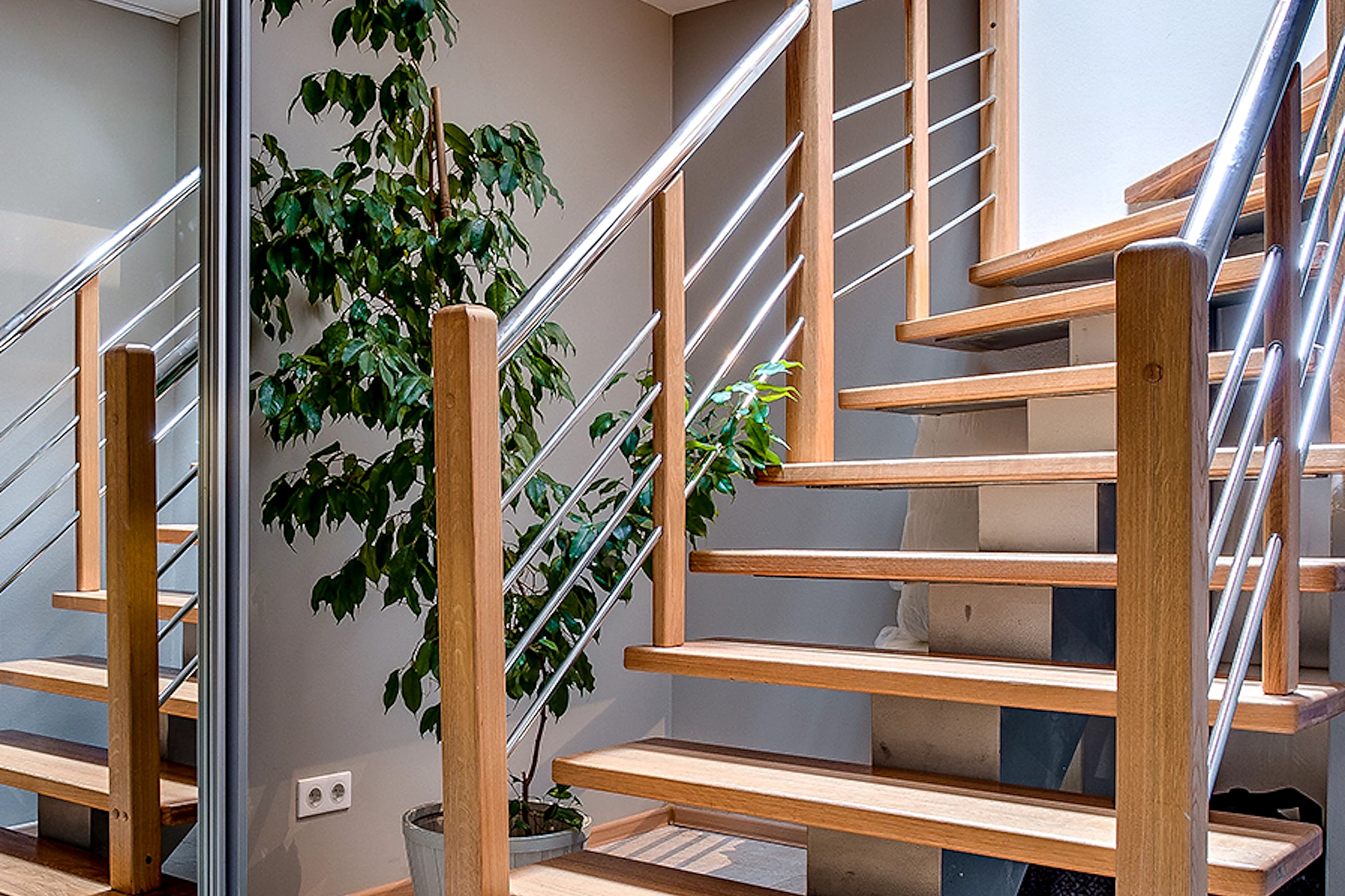 High-definition modern wooden staircase interior