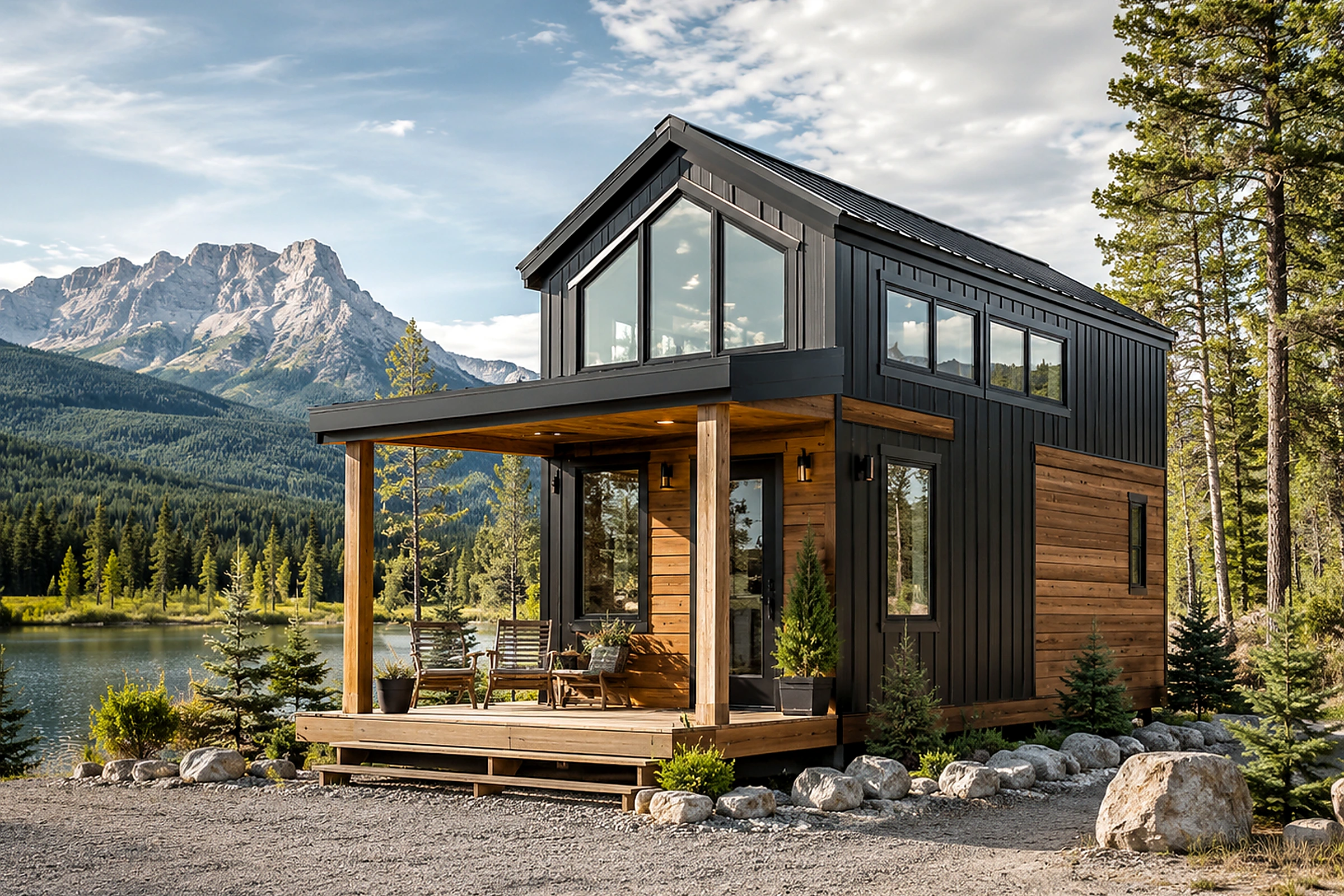 High-definition modern tiny home beside a lake
